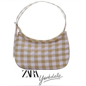 ZARA “Satin Effect” Taupe and White Gingham Shoulder Bag